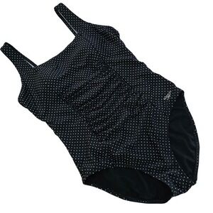Speedo Women's Black White Polka Dot Ruched One Piece Swimsuit 14